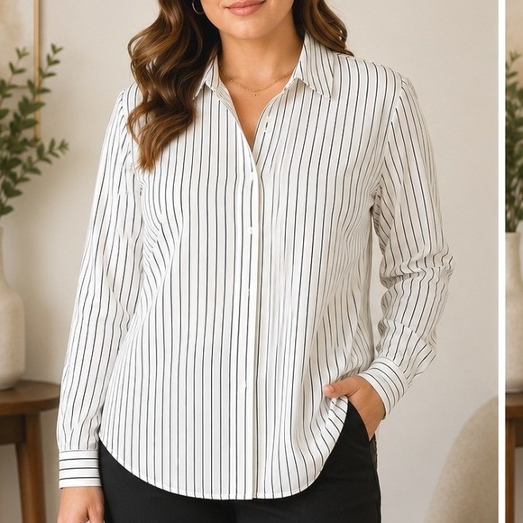Rachel Zoe Tops - Rachel Zoe White Striped Button Down Top Long Sleeve L Office Preppy Luxury Chic